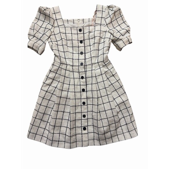 Gal Meets Glam OP Windowpane Check Puff Sleeve Mini Dress White Blue Cotton - Picture 2 of 8